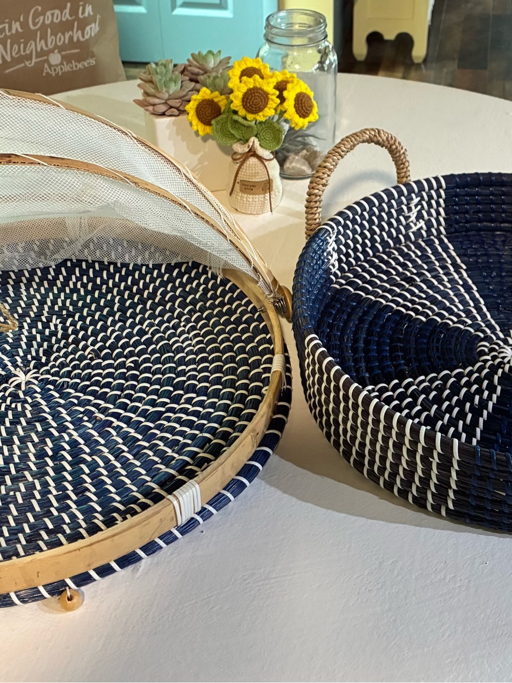 SET OF 2 HANDWOVEN INDOOR-OUTDOOR Wicker Baskets, Domed a/o Handled Serving Set